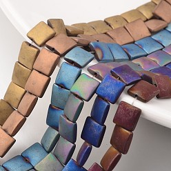 Mixed Color Electroplate Non-magnetic Synthetic Hematite Bead Strands, Frosted, Flat Slice Square Beads, Mixed Color, 8x8x3mm, Hole: 1mm, about 49pcs/strand, 15.7 inch