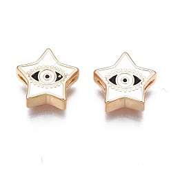 White Brass Enamel Beads, Nickel Free, Golden, Star with Evil Eye, White, 11x11.5x4mm, Hole: 1.2mm