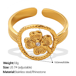 Clover 304 Stainless Steel Rhinestone Cuff Open Rings for Women, Golden, Clover, US Size 7(17.3mm)