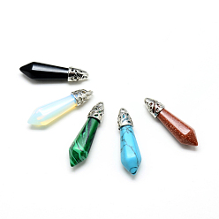 Mixed Stone Natural & Synthetic Mixed Stone Pointed Pendants, with Alloy Findings, Platinum, Bullet, 37~38x10mm, Hole: 2.5mm