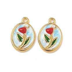 Небесно-голубой 304 нержавеющей стальной эмали подвески, с пластмассовой жемчужиной abs, овал с цветочными подвесками, ионное покрытие (ip), голубой, 20.5x13.5x3 мм, отверстие : 1.5 мм