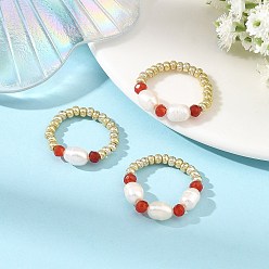 Roja Anillos de dedo de jade natural de Malasia, Anillos elásticos con cuentas de vidrio y perlas cultivadas de agua dulce., rojo, 6 mm, 17~19 mm, sobre 3 PC / sistema