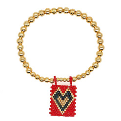 Красный Богемные стеклянные браслеты с подвесками из бисера, латунные круглые бусины эластичные браслеты для женщин, Прямоугольник с сердцем, золотые, красные, регулируемый