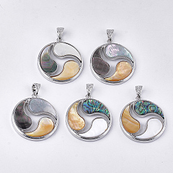 Mixed Color Mixed Shell Pendants, with Resin and Alloy Findings, Flat Round, Platinum, Mixed Color, 47x42x6mm, Hole: 10x5.5mm