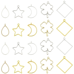Platinum & Golden 20Pcs 10 Styles Rack Plating Alloy Open Back Bezel Pendants, For DIY UV Resin, Epoxy Resin, Pressed Flower Jewelry, Cadmium Free & Nickel Free & Lead Free, Mixed Shapes, Platinum & Golden, 33.9~48x20.5~44x3.5~3.8mm, Hole: 2.4~4mm, 2pcs/style