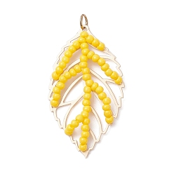 Желтый Подвески из стеклянных бусин ручной работы в форме листьев, с 304 кольцами из нержавеющей стали и латунными подвесками, желтые, 34.5x19.5x2.5 мм, отверстие : 3 мм