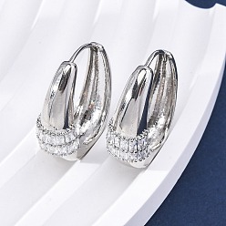 Платина Овальные серьги-кольца из латуни с микропаве из прозрачных кубических цирконий, без кадмия и без свинца, долговечный, стойки покрытие, платина, 24.5x20.5x9 мм