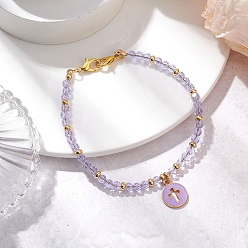 Орхидея Имитация австрийских хрустальных бусин, эластичные браслеты, плоские круглые с крестом сплав эмали подвески ювелирные изделия для женщин, сиреневые, 8-1/4 дюйм (20.9 см)