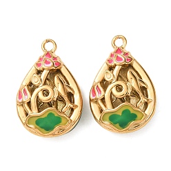 Настоящее золото 18K 304 подвески из нержавеющей стали, с эмалью, ионное покрытие (ip), слезинка с подвесками в виде лотоса, реальный 18 k позолоченный, 22.5x15x7.5 мм, отверстие : 2 мм