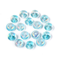Cielo Azul Pintura horneada galvanoplastia cuentas de vidrio transparente, Rondana plana, color de ab chapado, el cielo azul, 8x4.5 mm, agujero: 1.5~1.6 mm, Sobre 2220 unidades / 1000 g