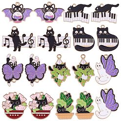 Mixed Patterns 18Pcs 9 Styles Alloy Enamel Pendants, Light Gold, Cat/Bat Charms, Mixed Patterns, 19~30.5x18~28.5x1~1.4mm, Hole: 2mm, 2pcs/style