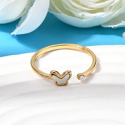 Бабочка 304 Кольца-манжеты для женщин из нержавеющей стали, натуральной ракушки и искусственного жемчуга, реальный 18 k позолоченный, ионное покрытие (ip), долговечный, кремово-белые, бабочка, размер США 7 1/2 (17.7 мм)