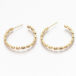 Real 18K Gold Plated Brass Micro Pave Clear Cubic Zirconia Half Hoop Earrings, Stud Earring, Cable Chain Shape, Nickel Free, Real 18K Gold Plated, 34x34x2.5mm, Pin: 0.7mm