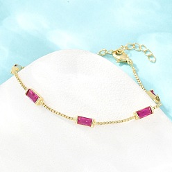 Medium Violet Red Brass Pave Rectangle Cubic Zirconia Link Chain Bracelets, with Box Chains, Rack Plating, Long-Lasting Plated, Real 18K Gold Plated, Lead Free & Cadmium Free, Medium Violet Red, 6.69 inch(17cm)