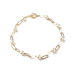 White Glass Pearl Beaded Necklaces, with Iron Paperclip Chains, Golden, White, 16.30 inch(41.4cm)