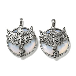 Опал Плоские круглые подвески с опалитом, стойка с латунными подвесками в виде дракона, античное серебро, без кадмия и без свинца, 38x32x7 мм, отверстие : 8x5 мм