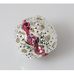 Pink Brass Rhinestone Beads, Grade A, Round, Silver Color Plated, Pink, Size: about 10mm in diameter, hole: 1.2mm