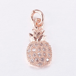 Rose Gold Brass Micro Pave Cubic Zirconia Charms, Pineapple, Rose Gold, 12x6x2.5mm, Hole: 3mm