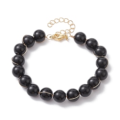 Black Glass Round Beaded Bracelet with Alloy Clasps, Black, 7-3/4 inch(19.8cm)