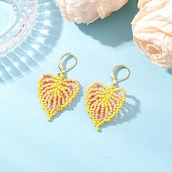 Желтый Листья стеклянные бусины ручной работы серьги с застежкой-молнией, 304 нержавеющая сталь, золотые, желтые, 48x28.5 мм