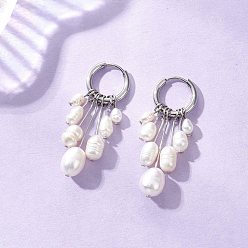 Нержавеющая Сталь Цвет Серьги-кольца с натуральным жемчугом, с 304 фурнитурой из нержавеющей стали, цвет нержавеющей стали, 40x14 мм