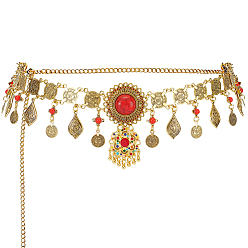 Or Antique & Or 1 Chaînes de taille et de ventre en alliage de pièces de monnaie, ornées de fleurs rouges, pour danseuse, antique d'or et d'or, 1100x82x7.5mm