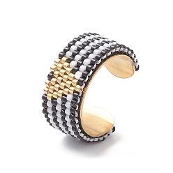 Schwarz Offene Manschettenringe mit Herz aus Glassamenperlen, goldener Edelstahlschmuck, Schwarz, Innendurchmesser: 18 mm