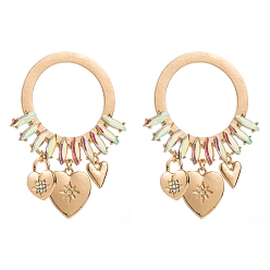 Crystal AB Flat Round Alloy Rhinestone Stud Earrings, Heart Tassel Dangle Earrings for Women, Crystal AB, 65x40mm