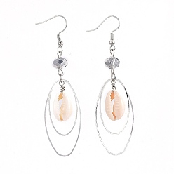 Clear Brass Dangle Earrings, with Electroplate Glass Beads and Shell Beads, Clear, 72~73mm, Pin: 0.6