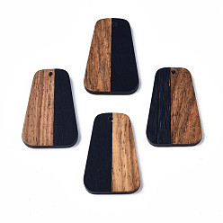 Black Resin & Walnut Wood Pendants, Trapezoid, Black, 35.5x23x3mm, Hole: 1.8mm