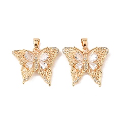 Настоящее золото 18K Подвески из латуни и прозрачного циркония, бабочки прелести, реальный 18 k позолоченный, 25x28.5x4.5 мм, отверстие : 6.5x4 мм