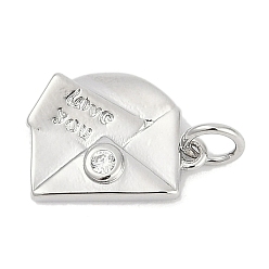 Платина Латунные микропаве прозрачные кубические циркониевые подвески, конверт с письмом и словом люблю тебя, без кадмия и без свинца, долговечный, стойки покрытие, с целью перехода в кольце, платина, 11x14.5x2.5 мм, отверстие : 3 мм