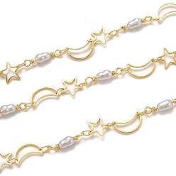 Golden Handmade Brass Link Chains, with Acrylic Imitation Pearl and Spool, Long-Lasting Plated, Soldered, Moon & Star, Golden, Star: 7.7x8x0.8mm, Moon: 10x6.2x0.9mm, acrylic pearl: 14.3x3.5mm