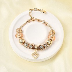 Золотой Сплав европейские бусины браслеты с подвесками, браслеты из змеиной цепи для женщин, сердце, смолой и горный хрусталь, без свинца и без кадмия, золотые, 7-1/8 дюйм (18 см)