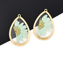 Светло-голубой 304 подвески из нержавеющей стали с эпоксидной смолой, слезинка с сухоцветом, ионное покрытие (ip), реальный 18 k позолоченный, светло-голубой, 30x19x3.5 мм, отверстие : 1.6 мм