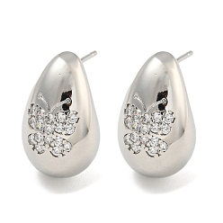 Butterfly Rack Plating Brass Micro Pave Clear Cubic Zirconia Stud Earring, Cadmium Free & Lead Free, Long-Lasting Plated, Teardrop, Real 18K Gold Plated, Butterfly, 19x12mm