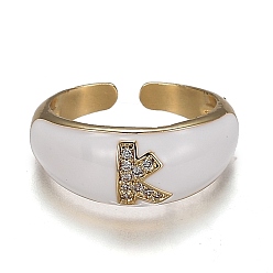 Letter K Brass Micro Pave Clear Cubic Zirconia Cuff Rings, Open Rings, with Enamel, Cadmium Free & Lead Free, Golden, Letter.K, US Size 7 1/4, Inner Diameter: 17.6mm