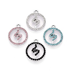 (52) Непрозрачная лаванда Подвески из сплава со стразами, плоский круглый и змеевидный, без кадмия, без никеля и без свинца, платина, разноцветные, 18x15x2 мм, отверстие : 1.6 мм
