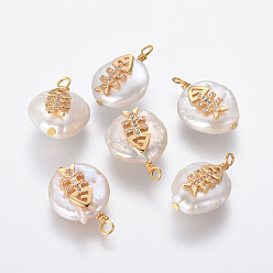 Прозрачный Подвески из натурального пресноводного жемчуга, с латунными микро проложить кубических выводы циркония, самородки с рыбьей костью, золотые, прозрачные, 20~24x13~15x5~8 мм, отверстие : 1.8 мм