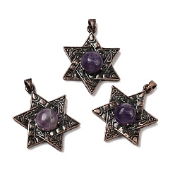 Аметист Подвески со звездой Давида из натурального аметиста, с винтажной латунной рамкой красного медного оттенка, 33.5~34x25.5x7.5 мм, отверстие : 5x3 мм