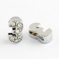 Number Zink-Legierung Strass Nummer Diacharme, Platin Farbe, num. 3, 11.5x7x5 mm, Bohrung: 8x2 mm