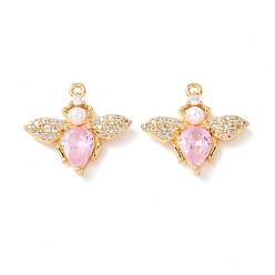 Бледно-Розовый Латунные микро проложить кубического циркония подвески, пчела прелести, с ABS имитации жемчуга, без никеля , реальный 18 k позолоченный, розовый жемчуг, 16x17x4 мм, отверстие : 1.2 мм