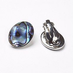 Colorful Natural Abalone Shell/Paua ShellOval Clip-on Earrings, with Brass Findings, Platinum, Colorful, 21x16x11mm