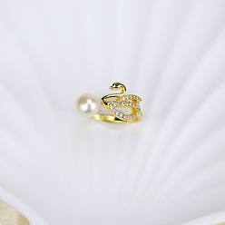 Лебедь Кольца-манжеты из натурального пресноводного жемчуга с прозрачным кубическим цирконием, золотые, лебедь, внутренний диаметр: 15~19 мм