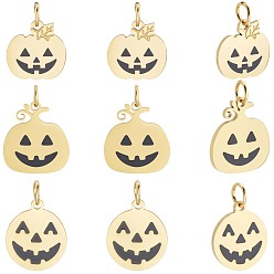 Настоящее золото 14K 9 шт. 3 стили 316 эмалевые подвески из хирургической нержавеющей стали, с прыжковых колец, для Хэллоуина, тыква, чёрные, реальный 14 k позолоченный, 10~13x9.5~12x1 мм, Перейти кольцо: 3.4x0.5 мм, 2.4 мм внутренним диаметром, 3 шт / стиль