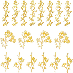 Real 18K Gold Plated 24Pcs 3 Style Electroplated Alloy Rhinestone Settings, Branch with Flower, Real 18K Gold Plated, Fit For 1.2~3.5mm Rhinestone, 53~97x32~46x5~6mm, 8pcs/style