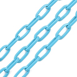 Cyan Eco-friendly Spray Painted Handmade Brass Paperclip Chains, Flat Oval, Soldered, with Spool, Cyan, 12.5x6.5x1.5mm, 32.8 feet(10m)/roll