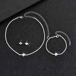 Серебро Комплекты браслетов, серег и ожерелий из латуни со стразами, квадратный, серебряные, 310 мм