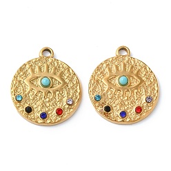 Настоящее золото 18K Ионное покрытие (ip) 304 подвески из нержавеющей стали, с красочными стразами, плоский круглый с шармом в виде глаз, реальный 18 k позолоченный, 21x18x3.5 мм