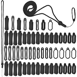 Black 1Pc Adjustable Polyester Neck Lanyard, with 80Pcs 4 Styles Silicone Pendants, Black, 26~450x3.2~15x5.5~9mm, Hole: 3~3.5mm, Inner Diameter: 19~27mm